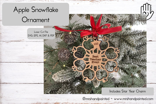 Laser Cut File - Apple Snowflake Ornament - Teacher Gift - Digital Download