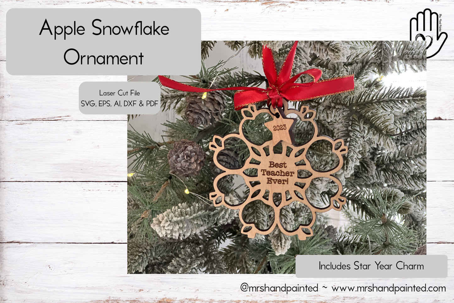 Laser Cut File - Apple Snowflake Ornament - Teacher Gift - Digital Download