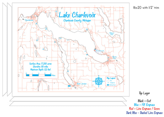 Lake Charlevoix - Laser Cut Engraved Layered Wood Lake Map