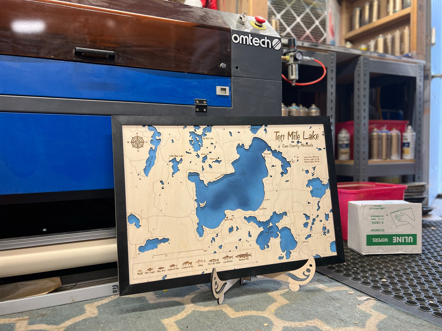 Ten Mile Lake - Custom Layered Wood Engraved Lake Map