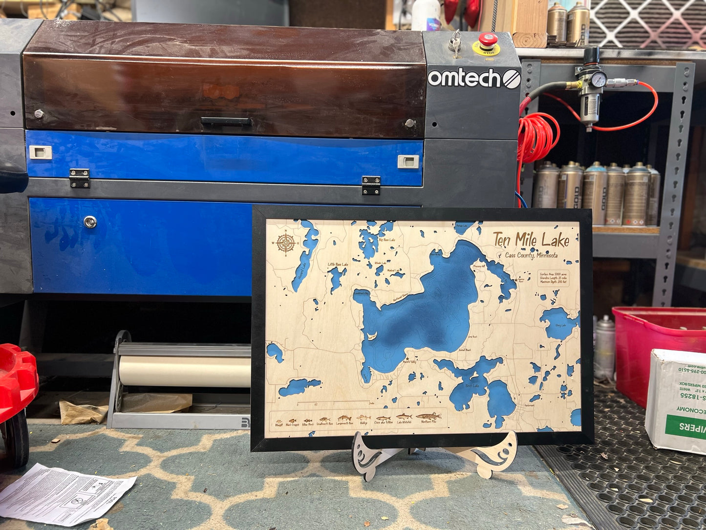 Ten Mile Lake - Custom Layered Wood Engraved Lake Map