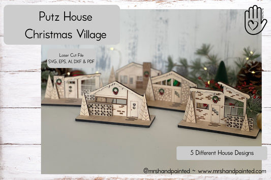 Laser Cut File - Retro Putz Houses Christmas Village - Digital Download SVG, DXF, AI files - Mid Century Modern Style Decor