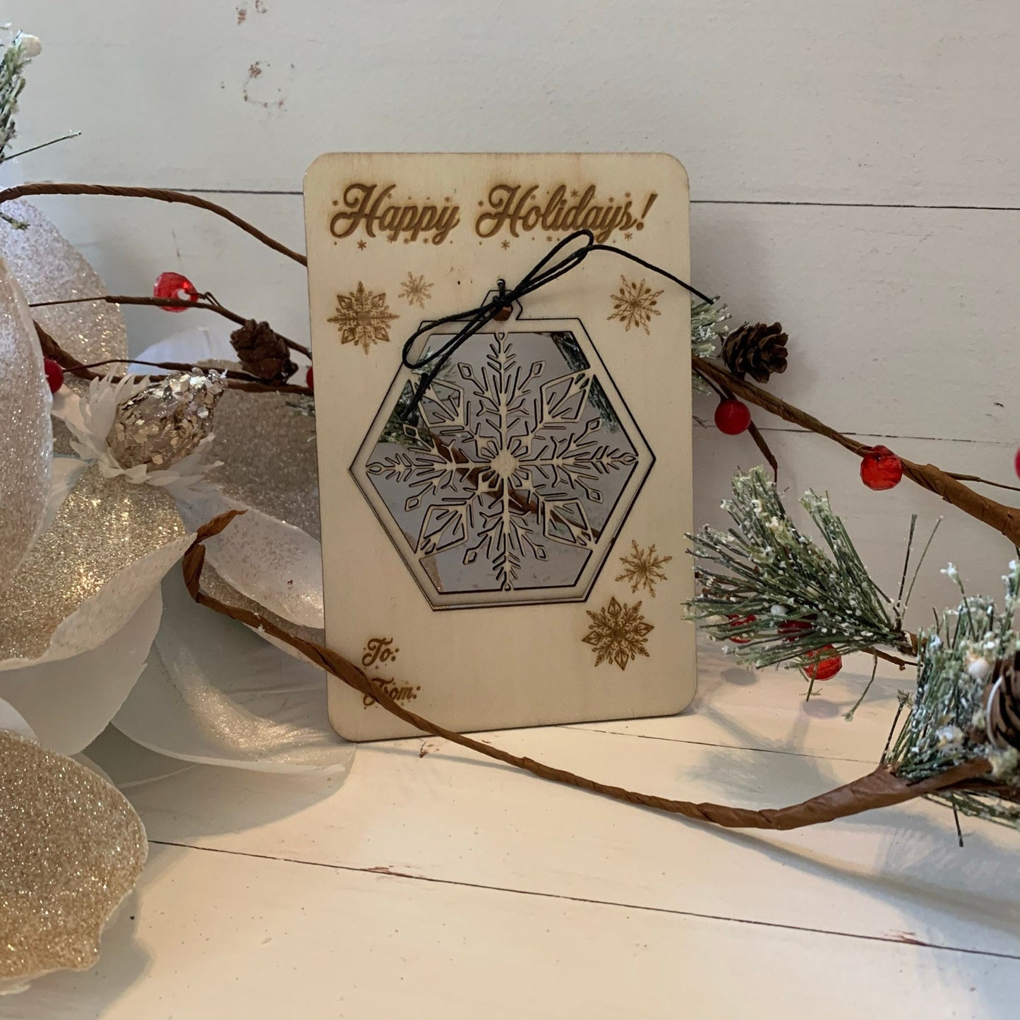 Laser Cut Wood Pop Out Ornament Card - Snowflake - Happy Holidays - Unfinished Wood