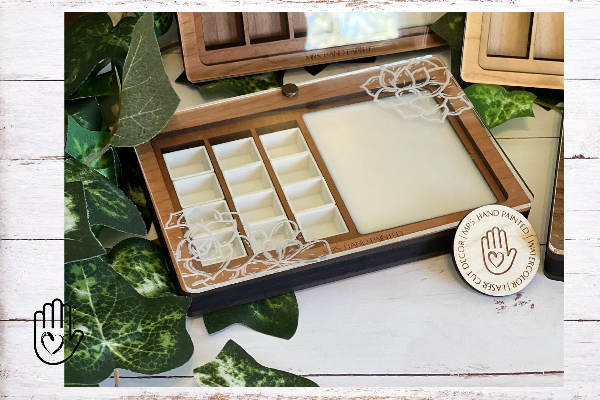 Custom Engraved Wood and Acrylic Watercolor Travel Palette Box