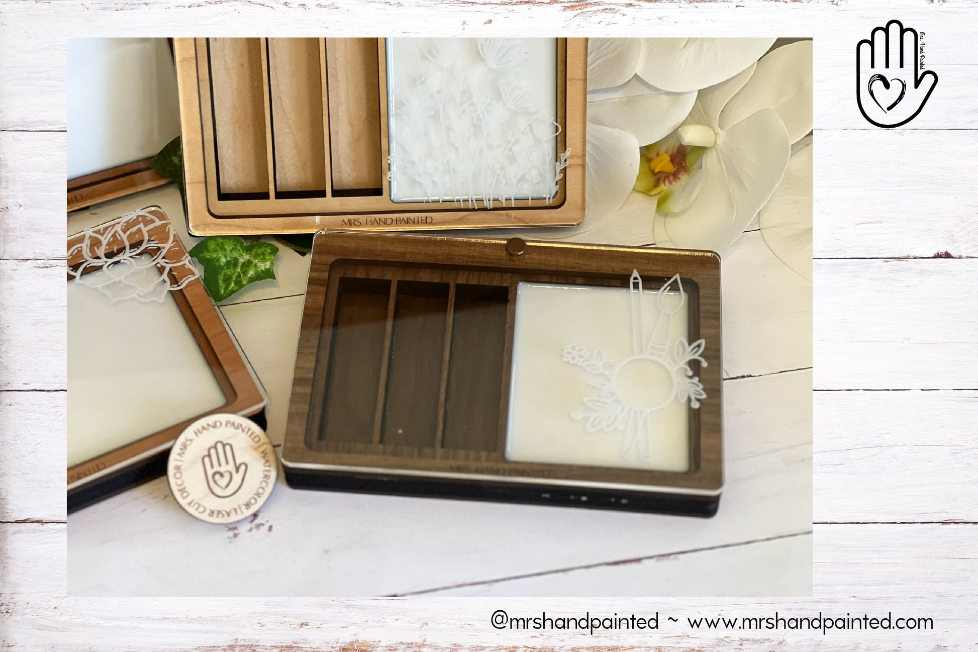 Custom Engraved Wood and Acrylic Watercolor Travel Palette Box