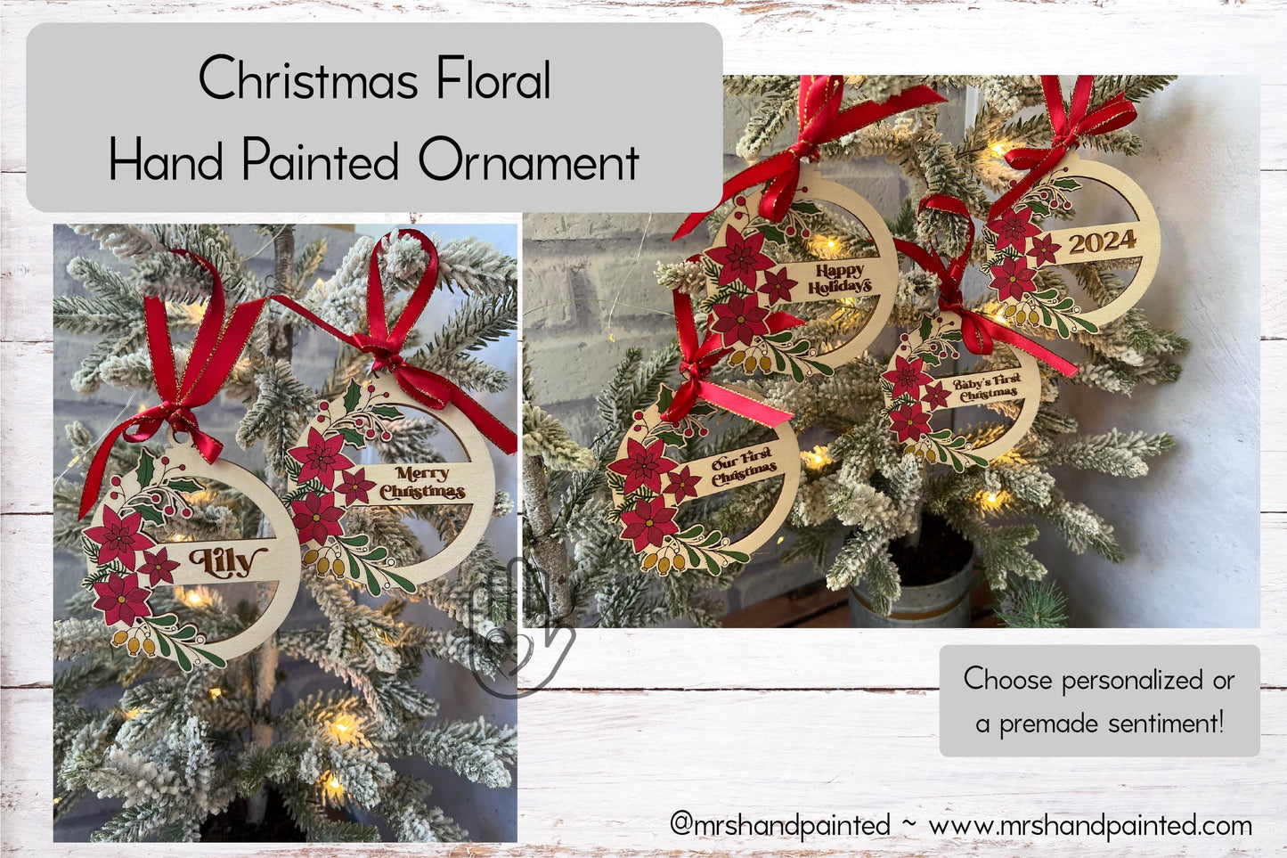 Christmas Floral Hand Painted Wood Ornament
