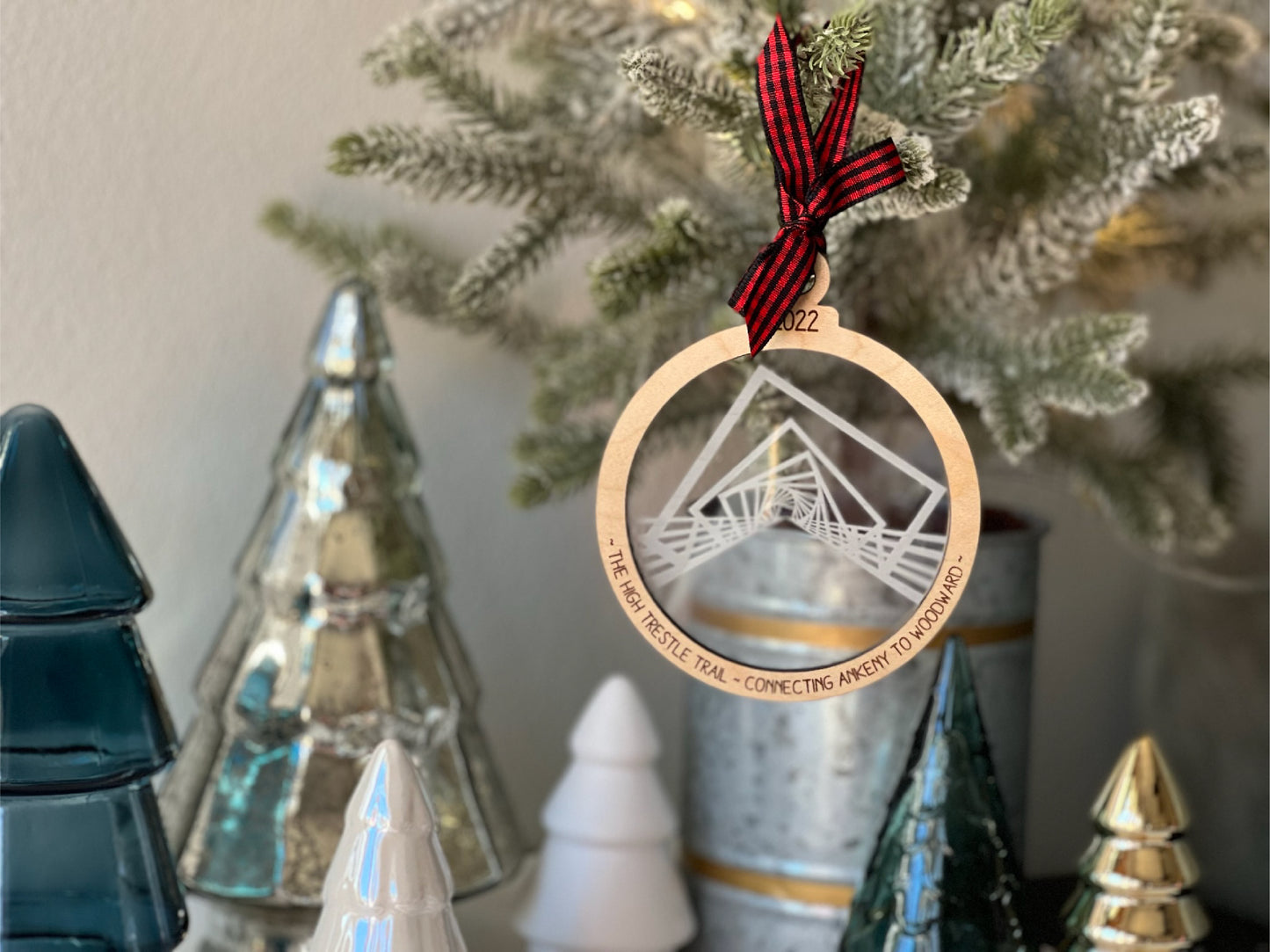 Bike Iowa - High Trestle Trail Bridge - Layered Laser Cut Wood & Acrylic Ornament