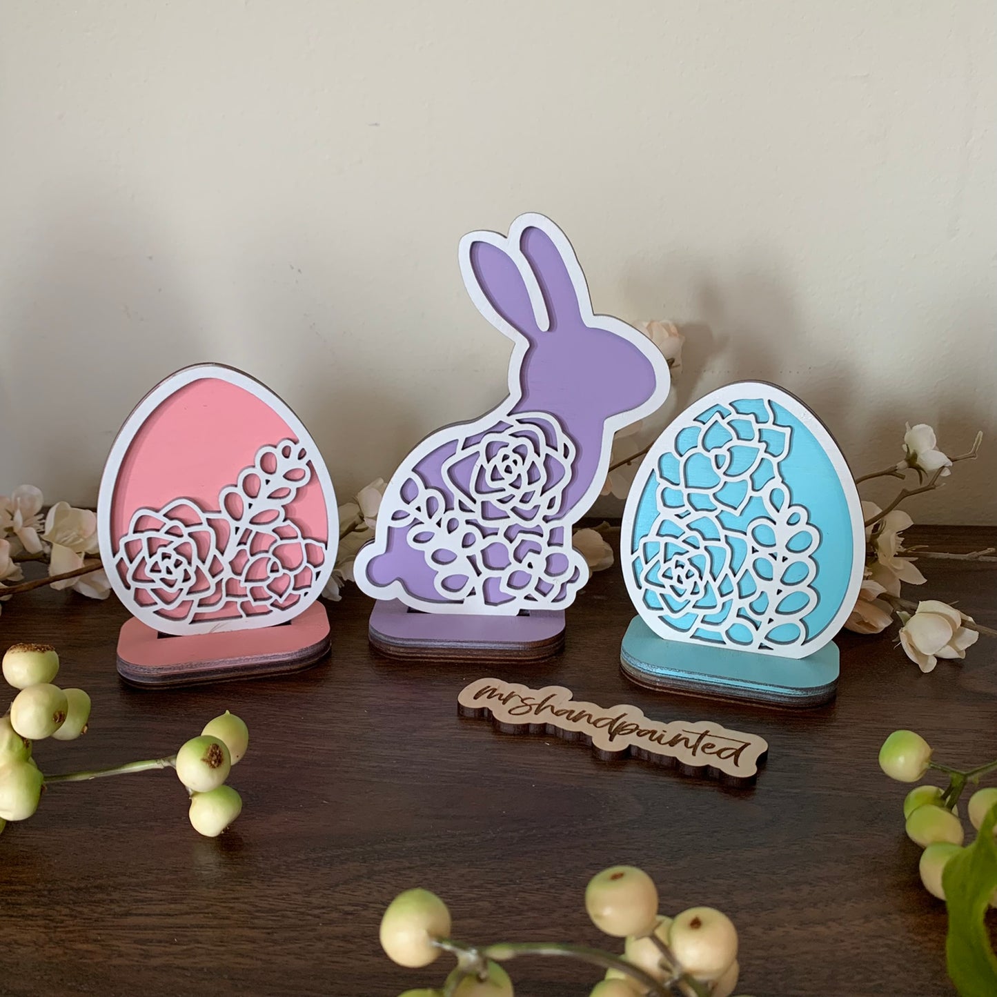 Layered Laser Cut Succulent Motif Easter Bunny and Eggs - Standing Shelf Sitter