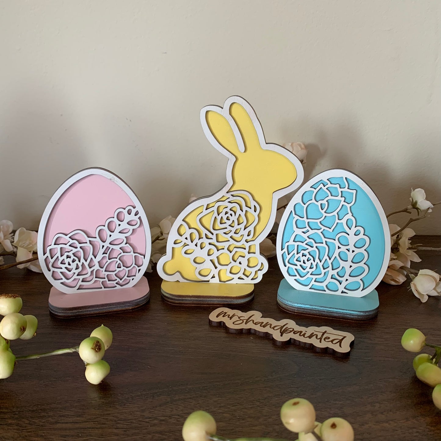 Layered Laser Cut Succulent Motif Easter Bunny and Eggs - Standing Shelf Sitter