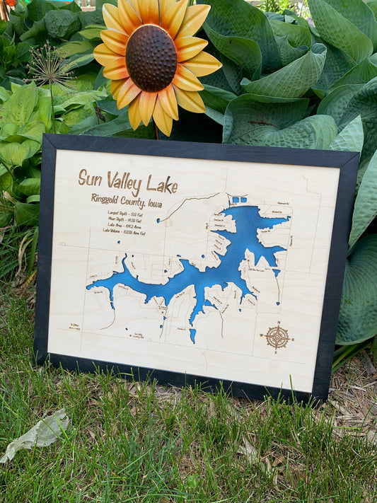 Laser Cut Engraved Wood Lake Map - Sun Valley Lake - Ringgold County Iowa