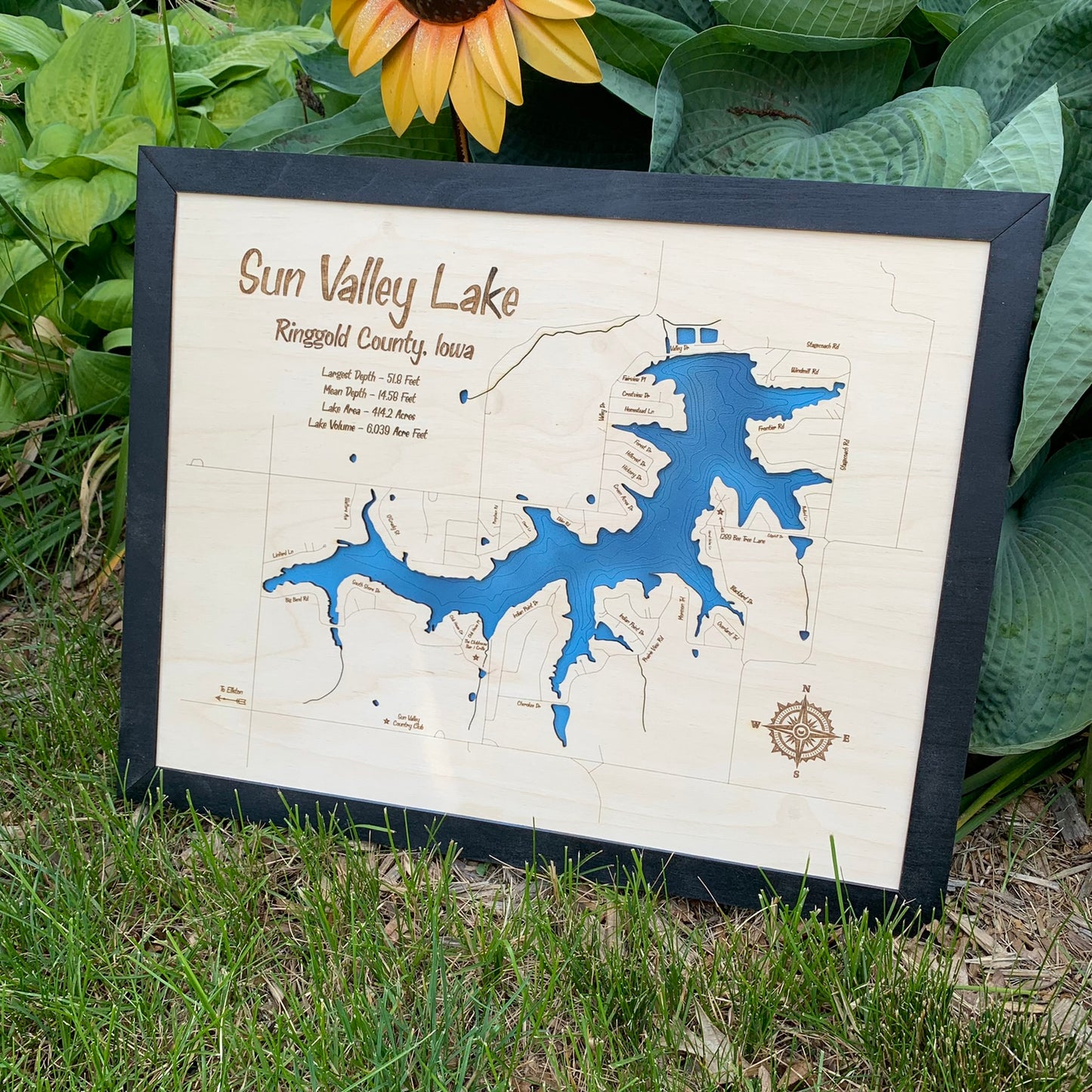 Laser Cut Engraved Wood Lake Map - Sun Valley Lake - Ringgold County Iowa