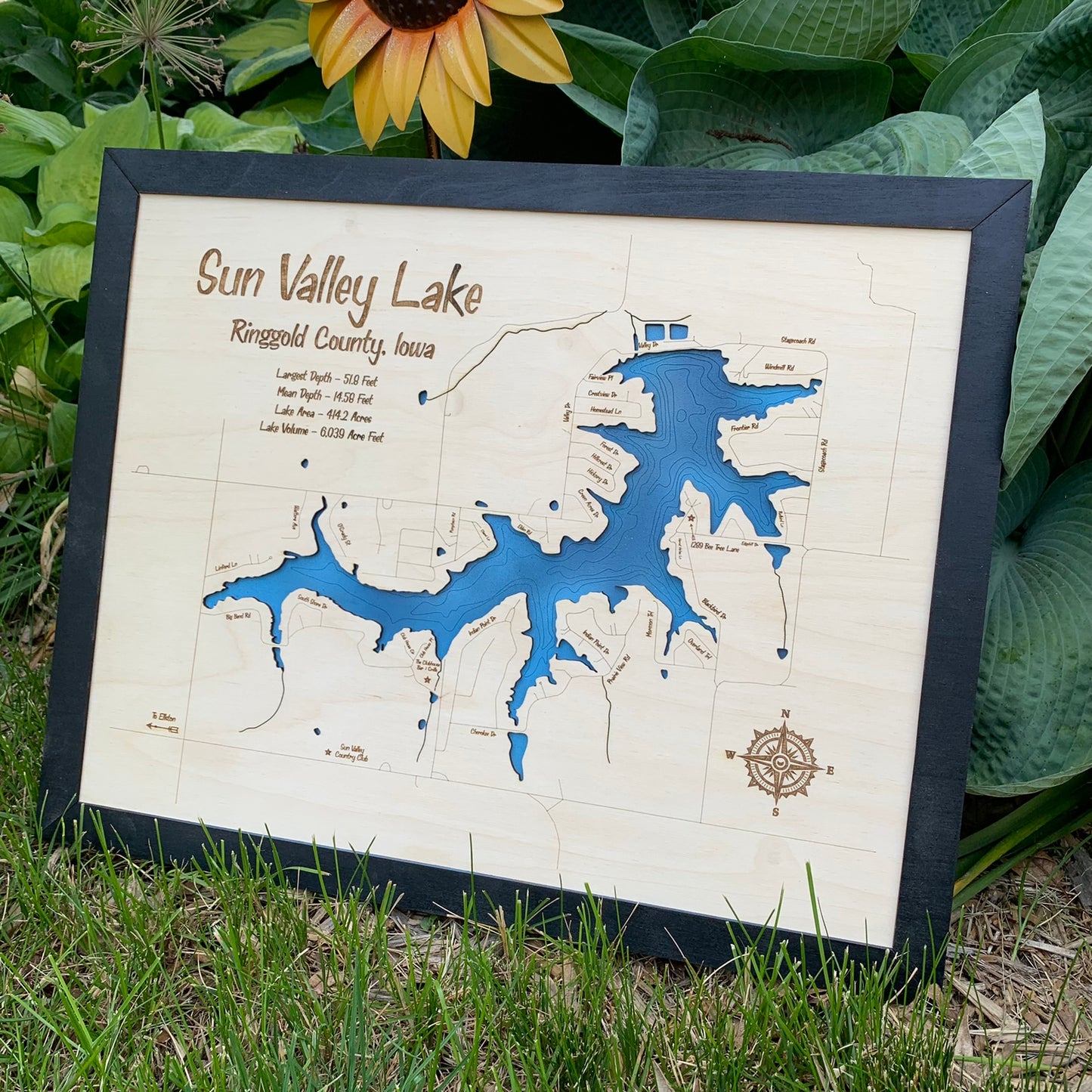 Laser Cut Engraved Wood Lake Map - Sun Valley Lake - Ringgold County Iowa