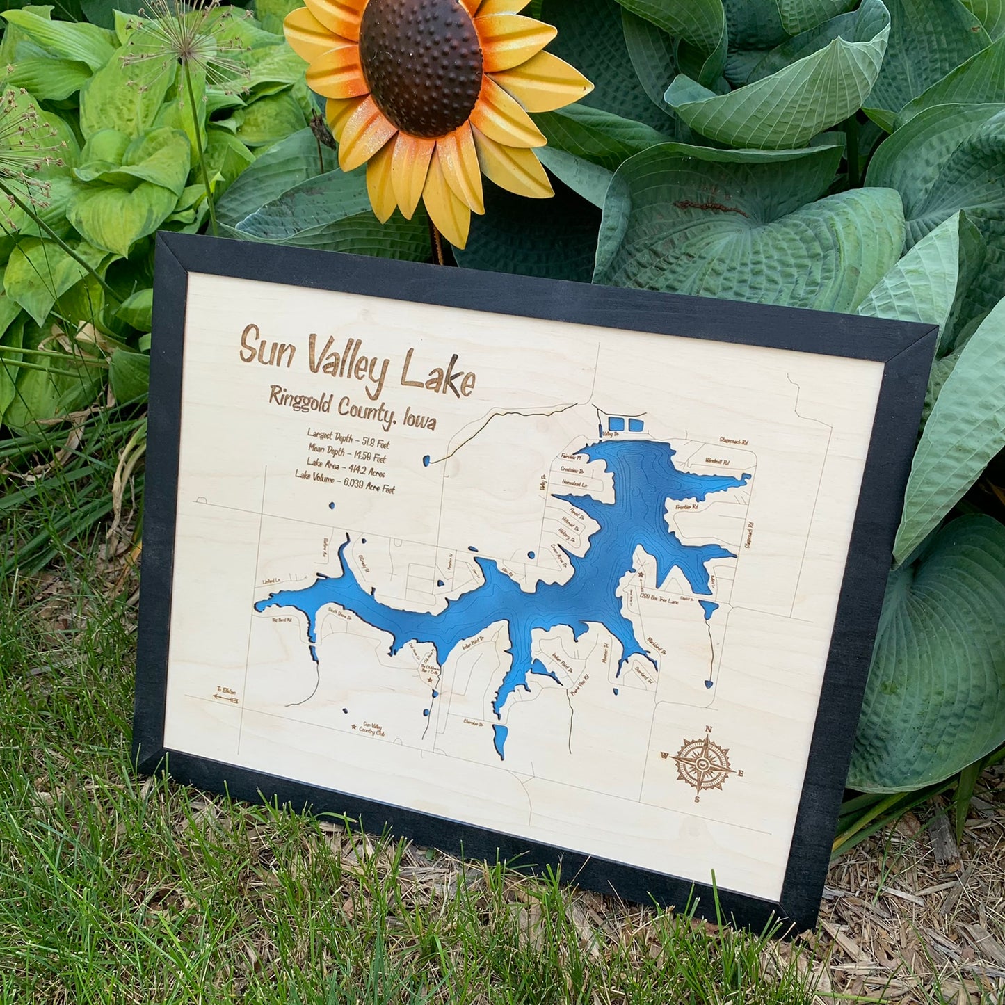 Laser Cut Engraved Wood Lake Map - Sun Valley Lake - Ringgold County Iowa