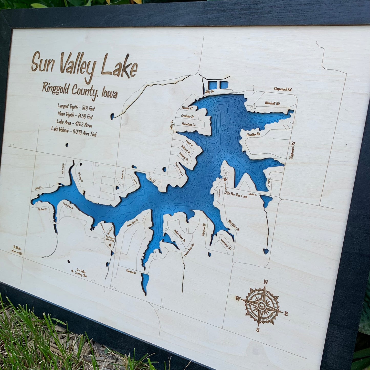 Laser Cut Engraved Wood Lake Map - Sun Valley Lake - Ringgold County Iowa