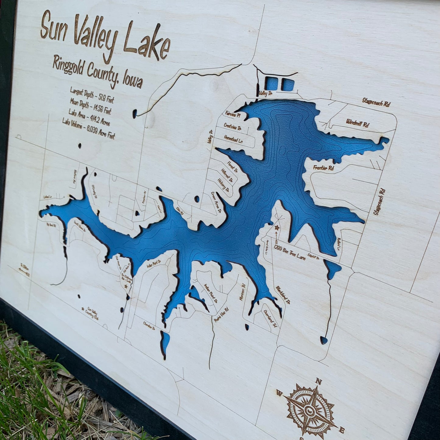 Laser Cut Engraved Wood Lake Map - Sun Valley Lake - Ringgold County Iowa