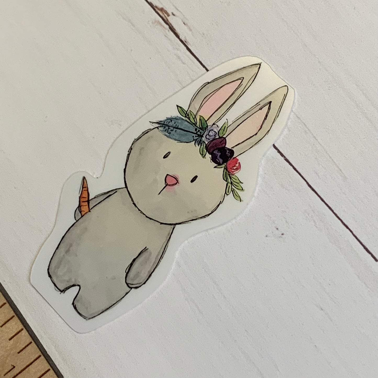 Floral Crown Bunny Die Cut Laminated Vinyl Sticker