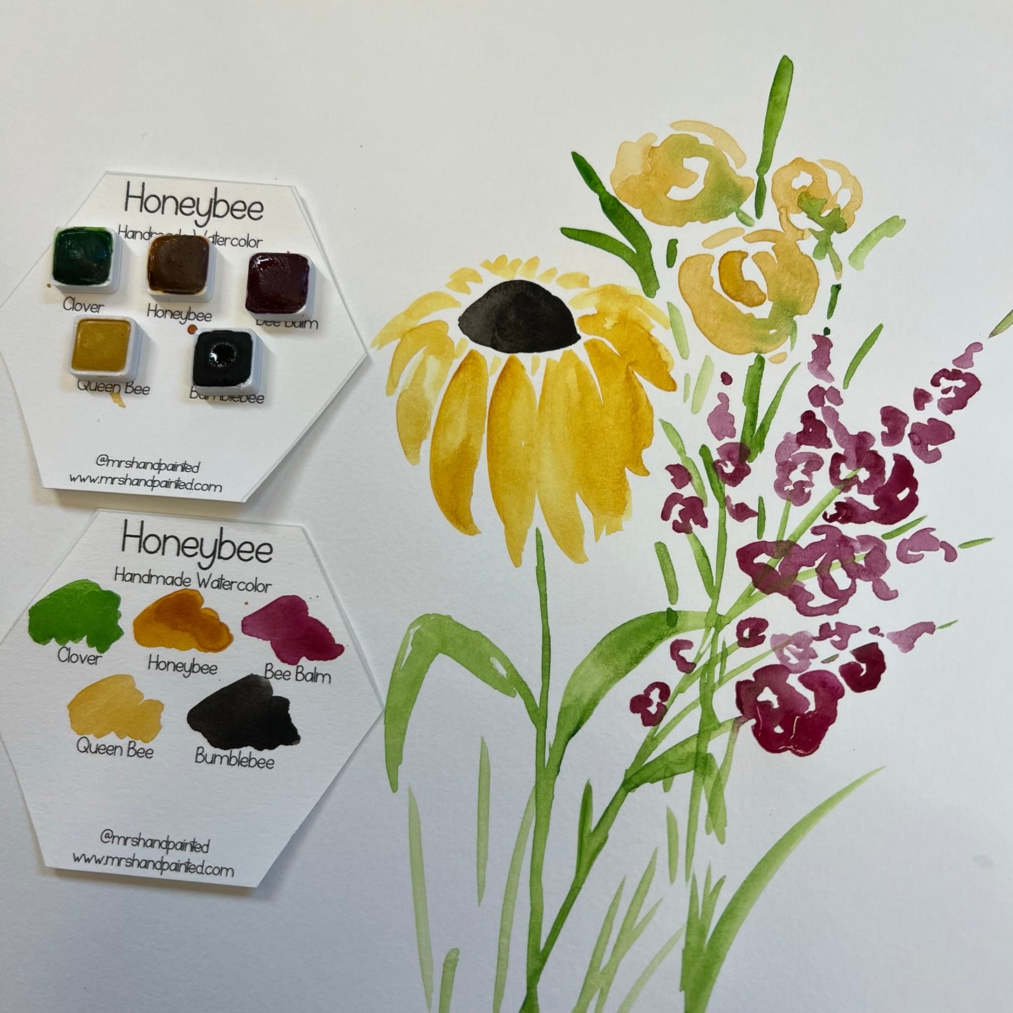 Handmade Watercolor Paints - HONEYBEE - Artisan Paint Palette, Set of 5 Watercolors, 4 Matte, 1 Shimmer Color