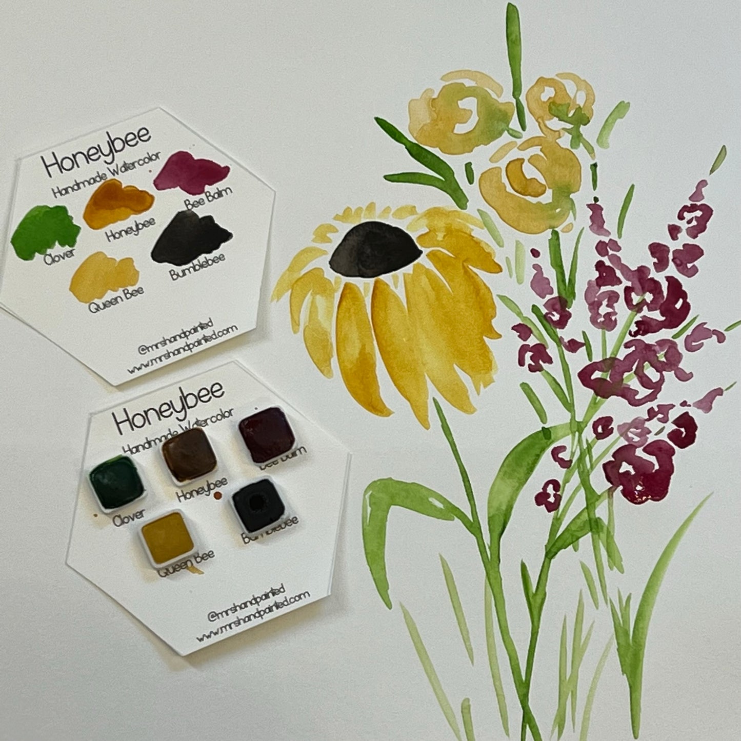 Handmade Watercolor Paints - HONEYBEE - Artisan Paint Palette, Set of 5 Watercolors, 4 Matte, 1 Shimmer Color