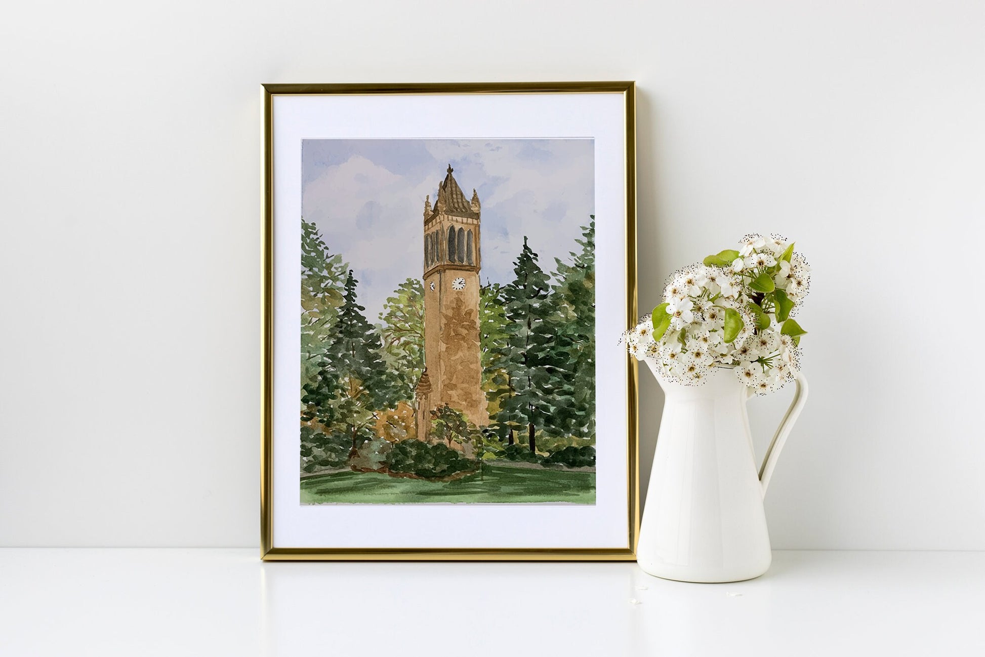 Iowa State Campanile Watercolor Landscape - Fine Art Print - Reproduction Giclee Print