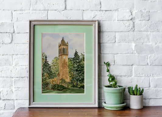 Iowa State Campanile Watercolor Landscape - Fine Art Print - Reproduction Giclee Print