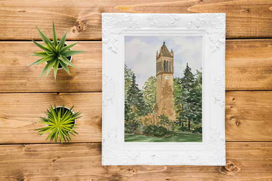 Iowa State Campanile Watercolor Landscape - Fine Art Print - Reproduction Giclee Print
