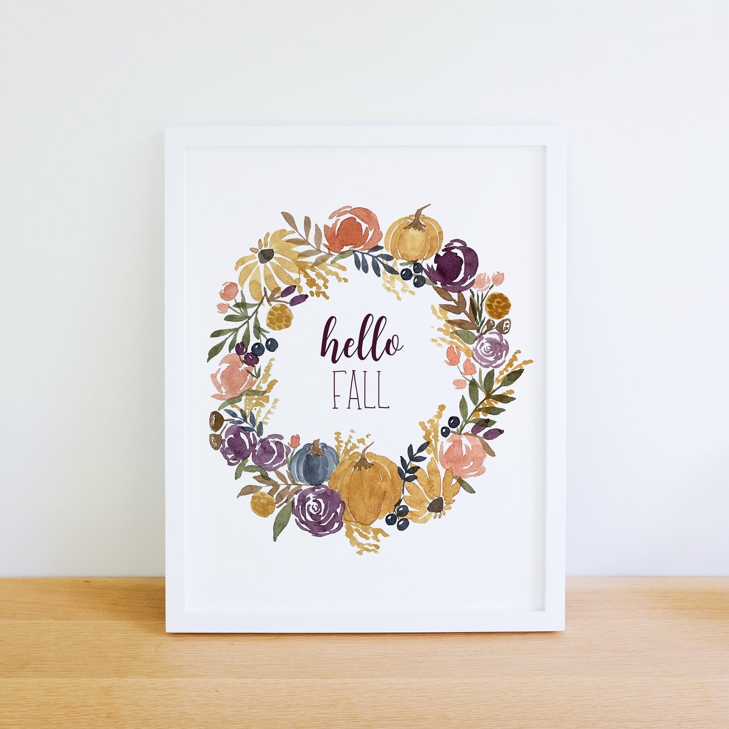 Watercolor Fall Floral Wreath - Digital Download - Printable Artwork, Fine Art Print, Autumn Flowers and Pumpkins