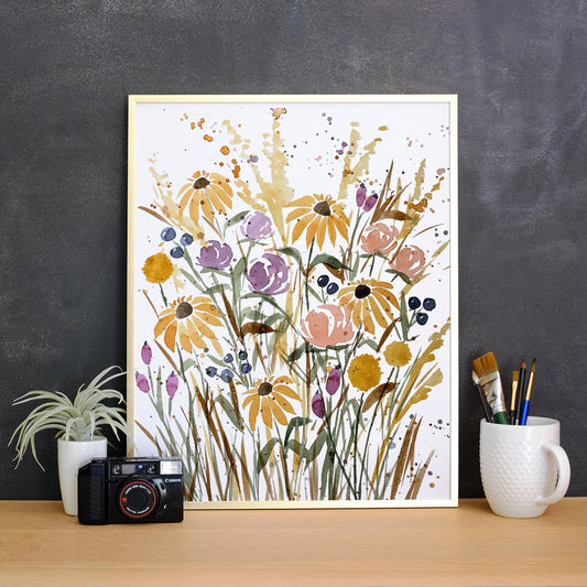 Watercolor Fall Flower Field - Printable Fine Art - Digital Download, Print at Home - Autumn Colors, Home Decor