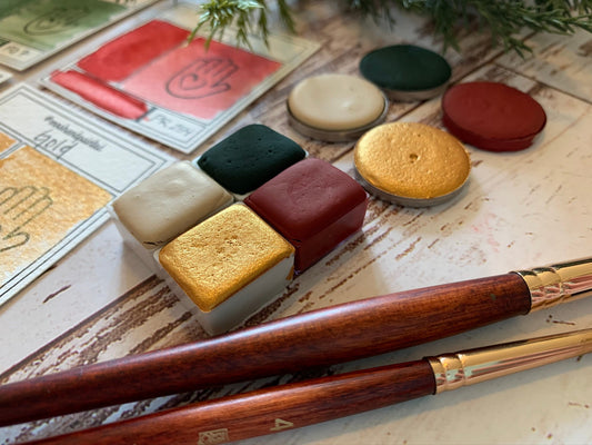 Handmade Watercolor Paints - COTTAGE CHRISTMAS - Set of 4 Watercolor Pans, Artisan Paints, Holiday Colors, Matte Watercolor, Shimmer Gold