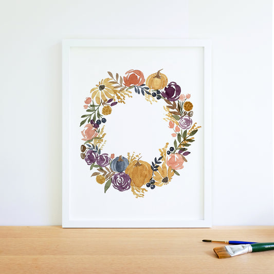 Fall Floral Wreath Watercolor Reproduction Fine Art Prints, Giclee Print, Autumn Flowers, Hello Fall or Custom Sentiment!