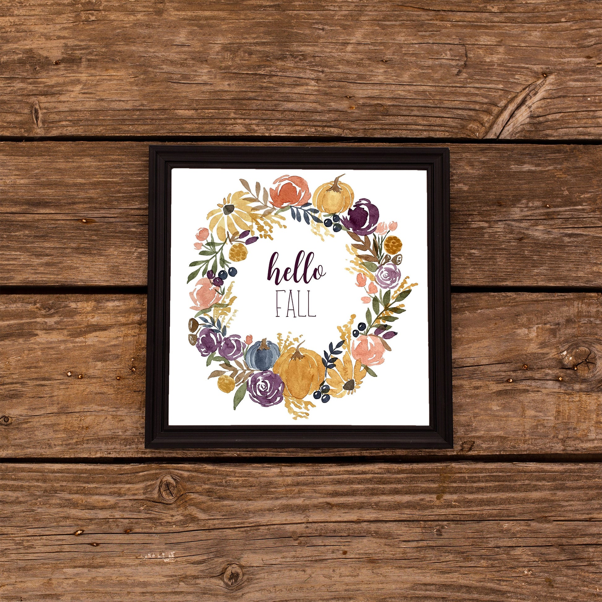 Fall Floral Wreath Watercolor Reproduction Fine Art Prints, Giclee Print, Autumn Flowers, Hello Fall or Custom Sentiment!