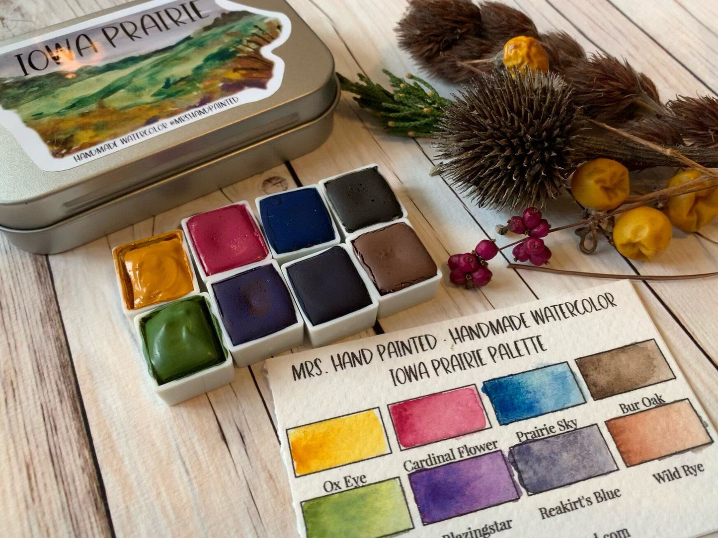 Handmade Watercolor Paints - IOWA PRAIRIE - Artisan Paint Palette, Set of 8 Half Pans Matte Watercolor