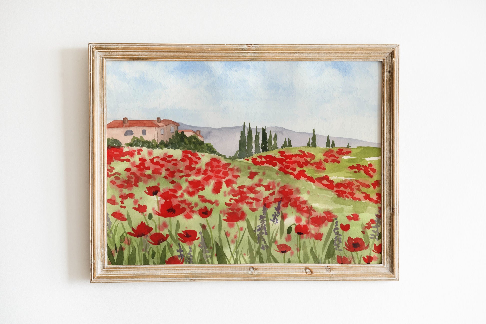 Watercolor Tuscan Poppies Landscape #1 Giclee Fine Art Print Reproduction