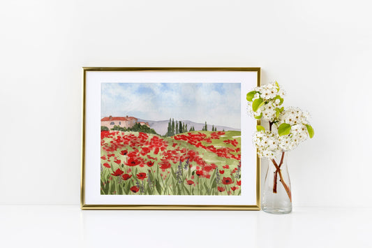 Watercolor Tuscan Poppies Landscape #1 Giclee Fine Art Print Reproduction