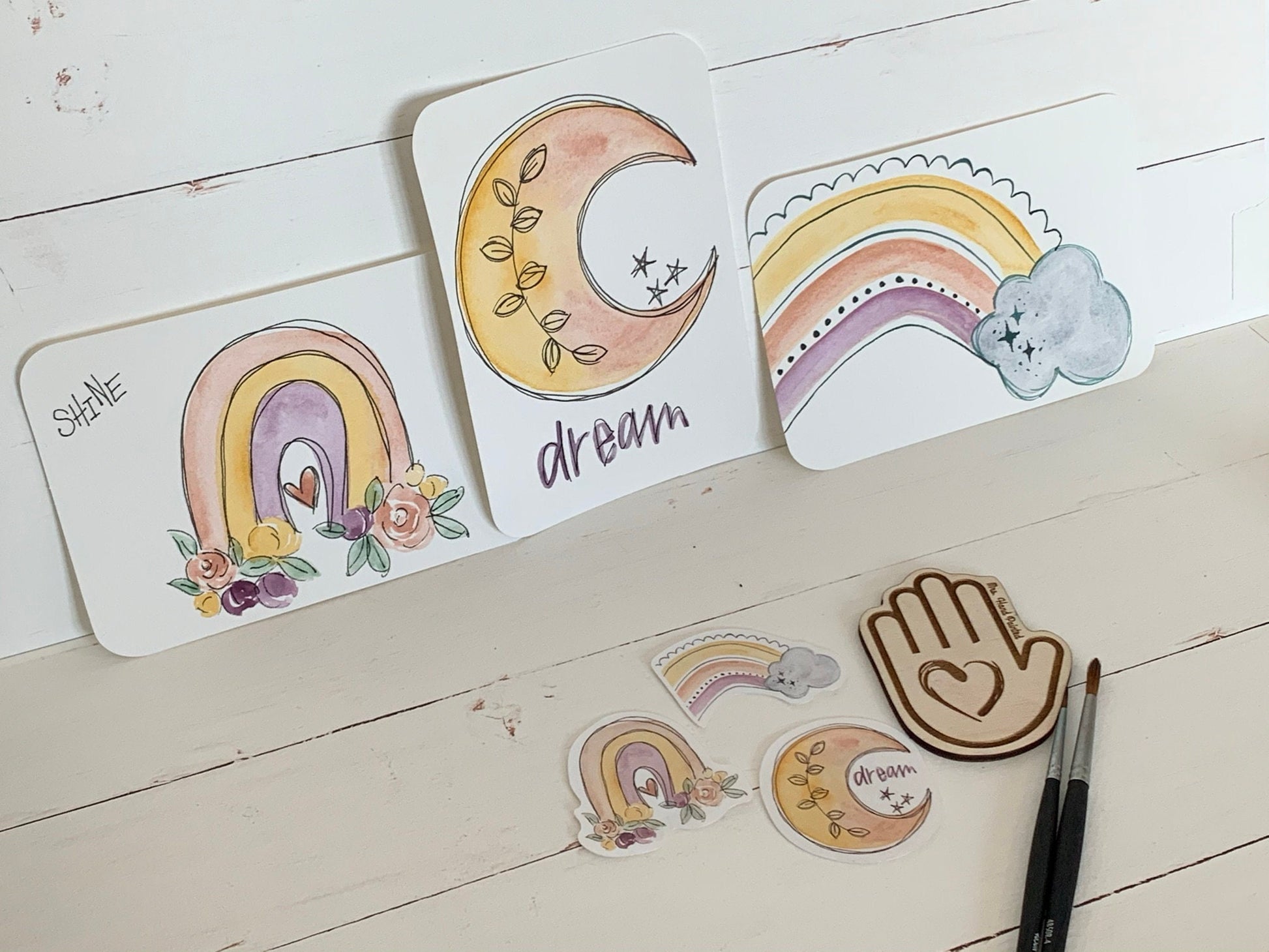 Watercolor Boho / Hippie Rainbow and Moon Sticker Pack of 3 Die Cut Laminated Vinyl Stickers, Glossy White Vinyl Waterproof
