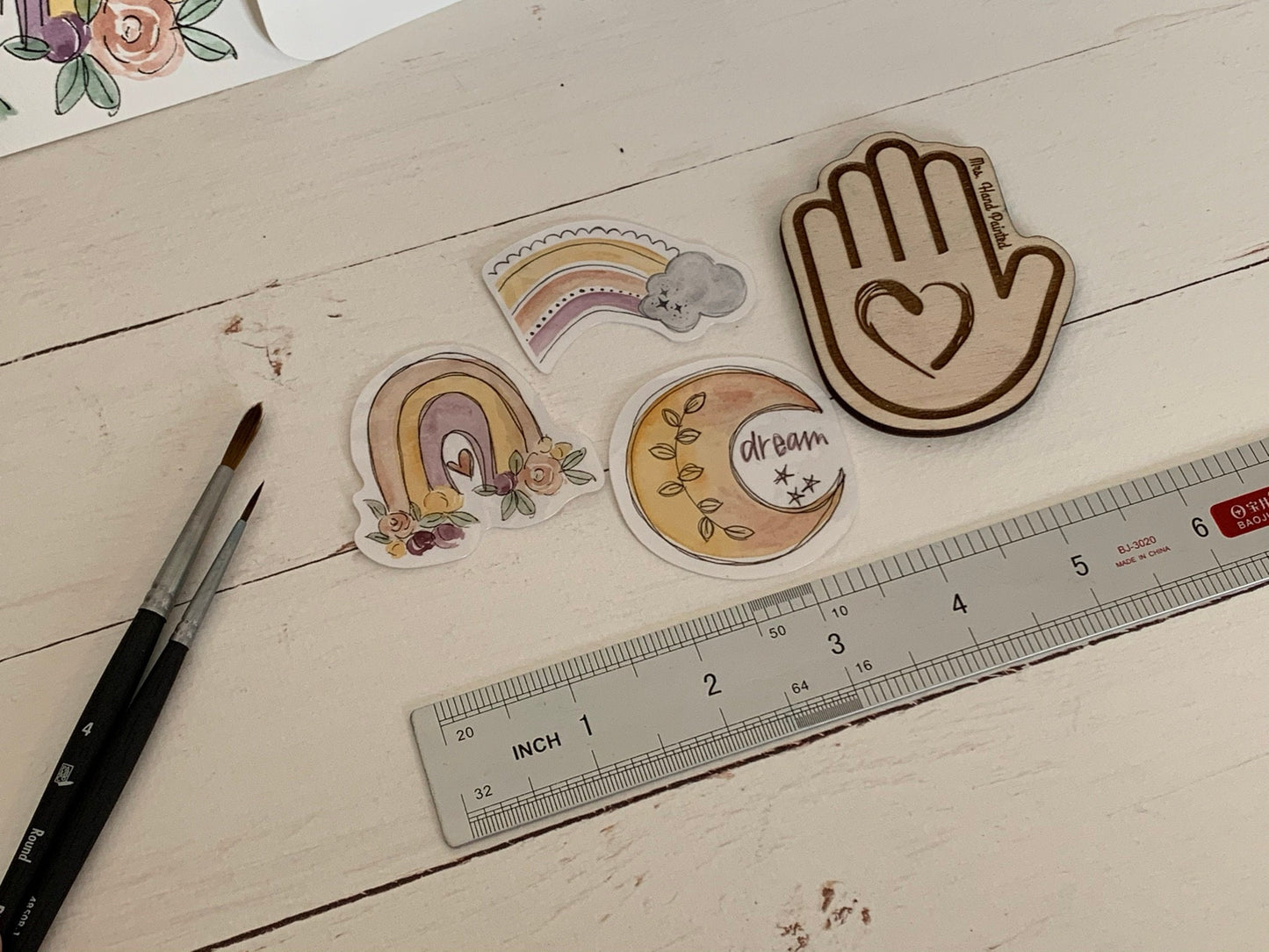 Watercolor Boho / Hippie Rainbow and Moon Sticker Pack of 3 Die Cut Laminated Vinyl Stickers, Glossy White Vinyl Waterproof