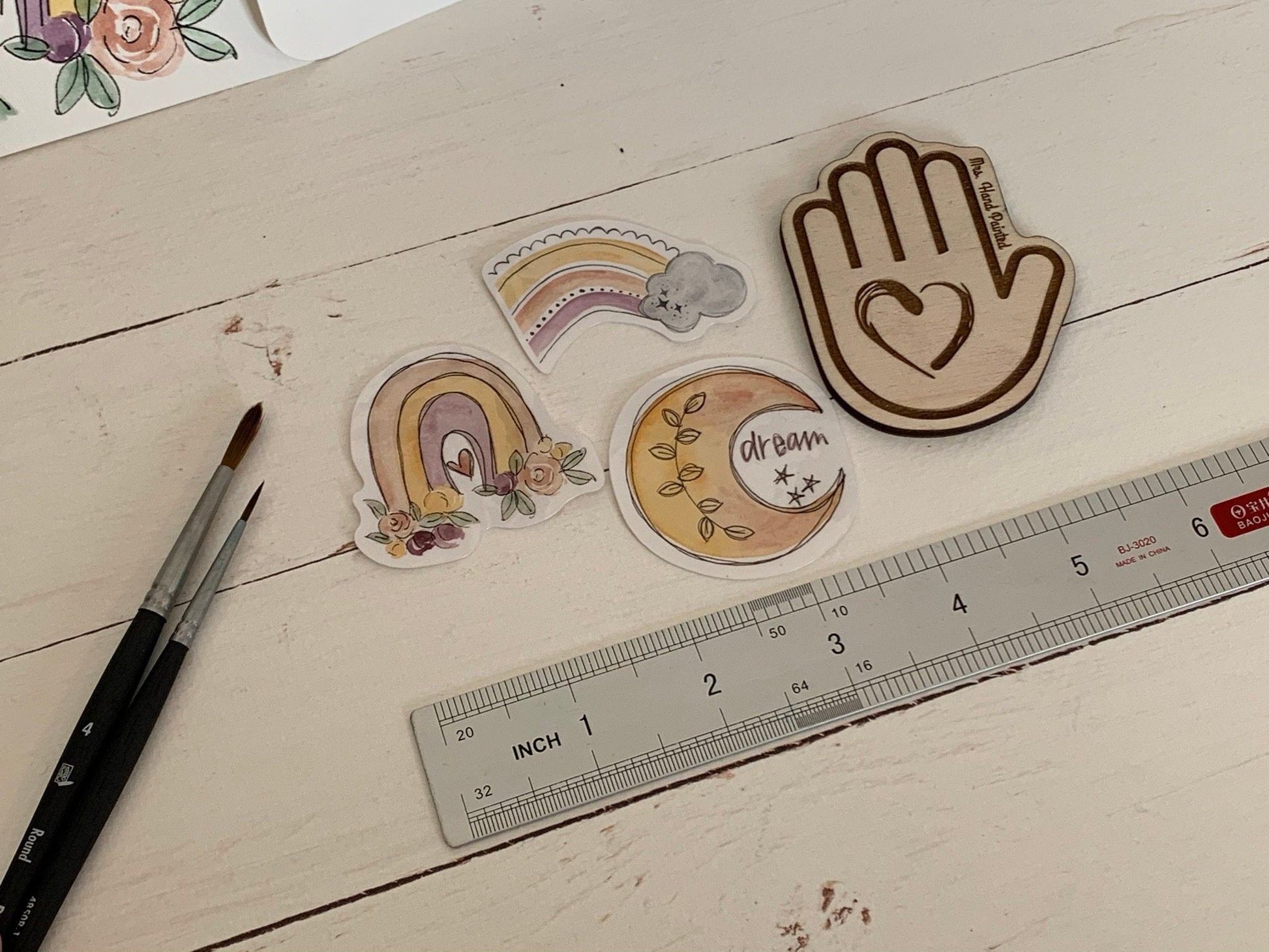 Watercolor Boho / Hippie Rainbow and Moon Sticker Pack of 3 Die Cut Laminated Vinyl Stickers, Glossy White Vinyl Waterproof