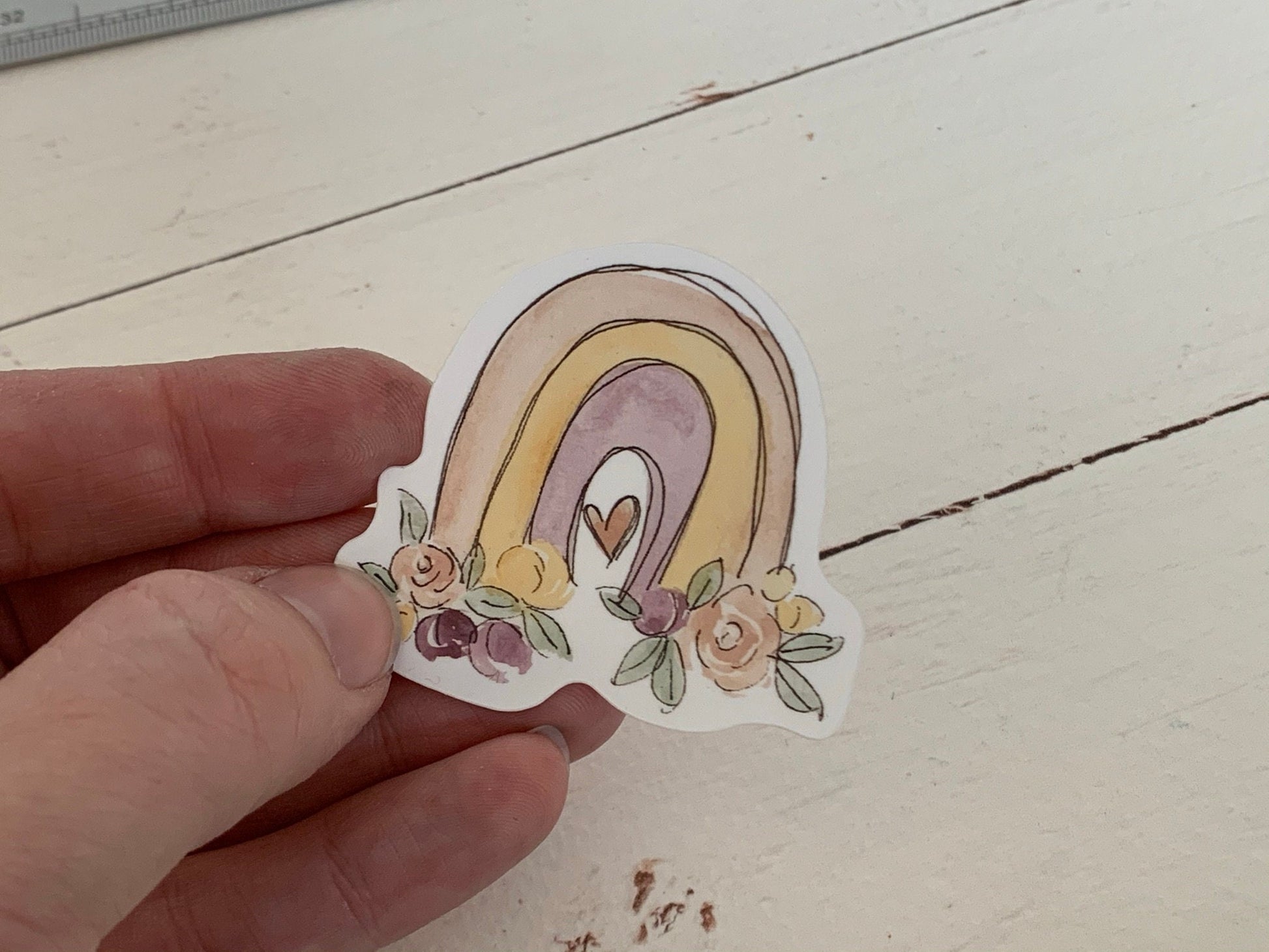 Watercolor Boho / Hippie Rainbow and Moon Sticker Pack of 3 Die Cut Laminated Vinyl Stickers, Glossy White Vinyl Waterproof