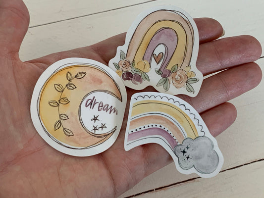 Watercolor Boho / Hippie Rainbow and Moon Sticker Pack of 3 Die Cut Laminated Vinyl Stickers, Glossy White Vinyl Waterproof