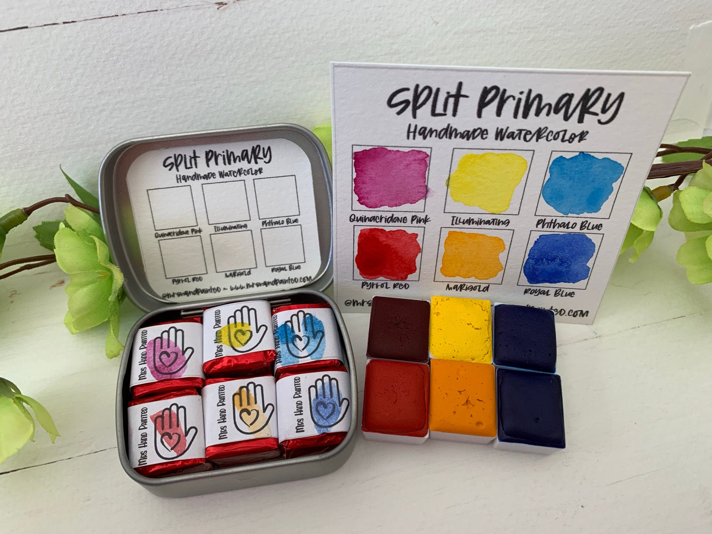 Handmade Watercolor Paints - SPLIT PRIMARY - Artisan Paint Palette, Set of 6 Matte Shades, Red, Yellow and Blue Mixing Palette Warm and Cool