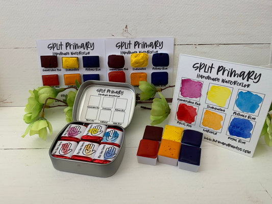 Handmade Watercolor Paints - SPLIT PRIMARY - Artisan Paint Palette, Set of 6 Matte Shades, Red, Yellow and Blue Mixing Palette Warm and Cool
