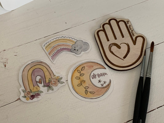 Watercolor Boho / Hippie Rainbow and Moon Sticker Pack of 3 Die Cut Laminated Vinyl Stickers, Glossy White Vinyl Waterproof