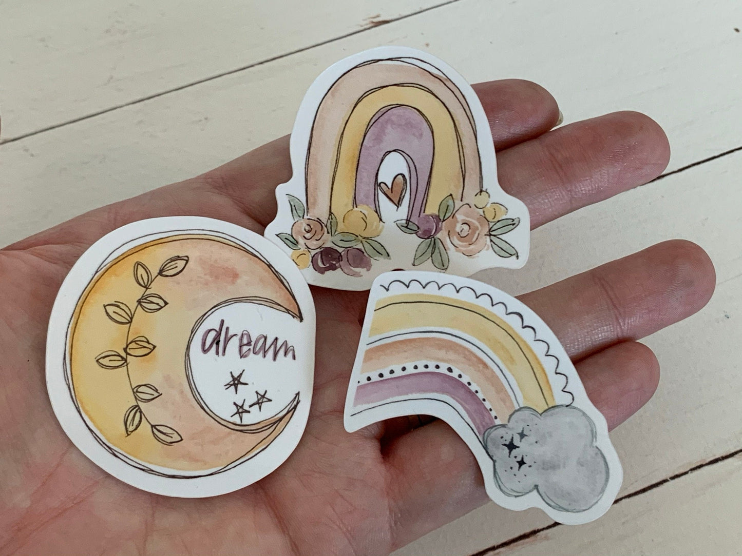 Watercolor Boho / Hippie Rainbow and Moon Sticker Pack of 3 Die Cut Laminated Vinyl Stickers, Glossy White Vinyl Waterproof