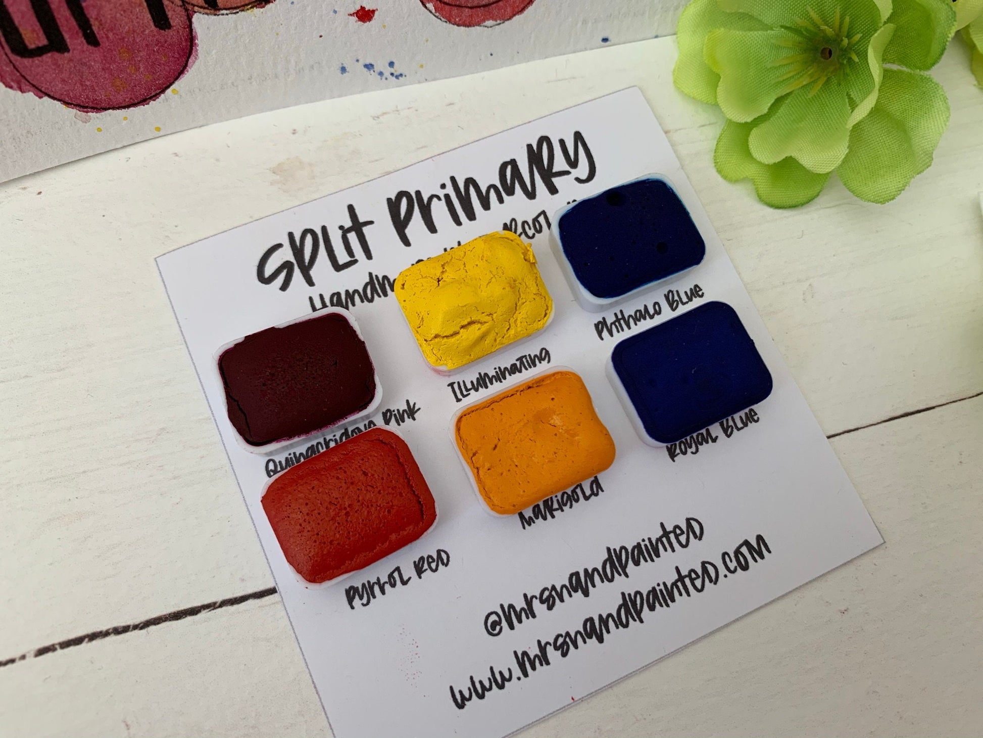 Handmade Watercolor Paints - SPLIT PRIMARY - Artisan Paint Palette, Set of 6 Matte Shades, Red, Yellow and Blue Mixing Palette Warm and Cool