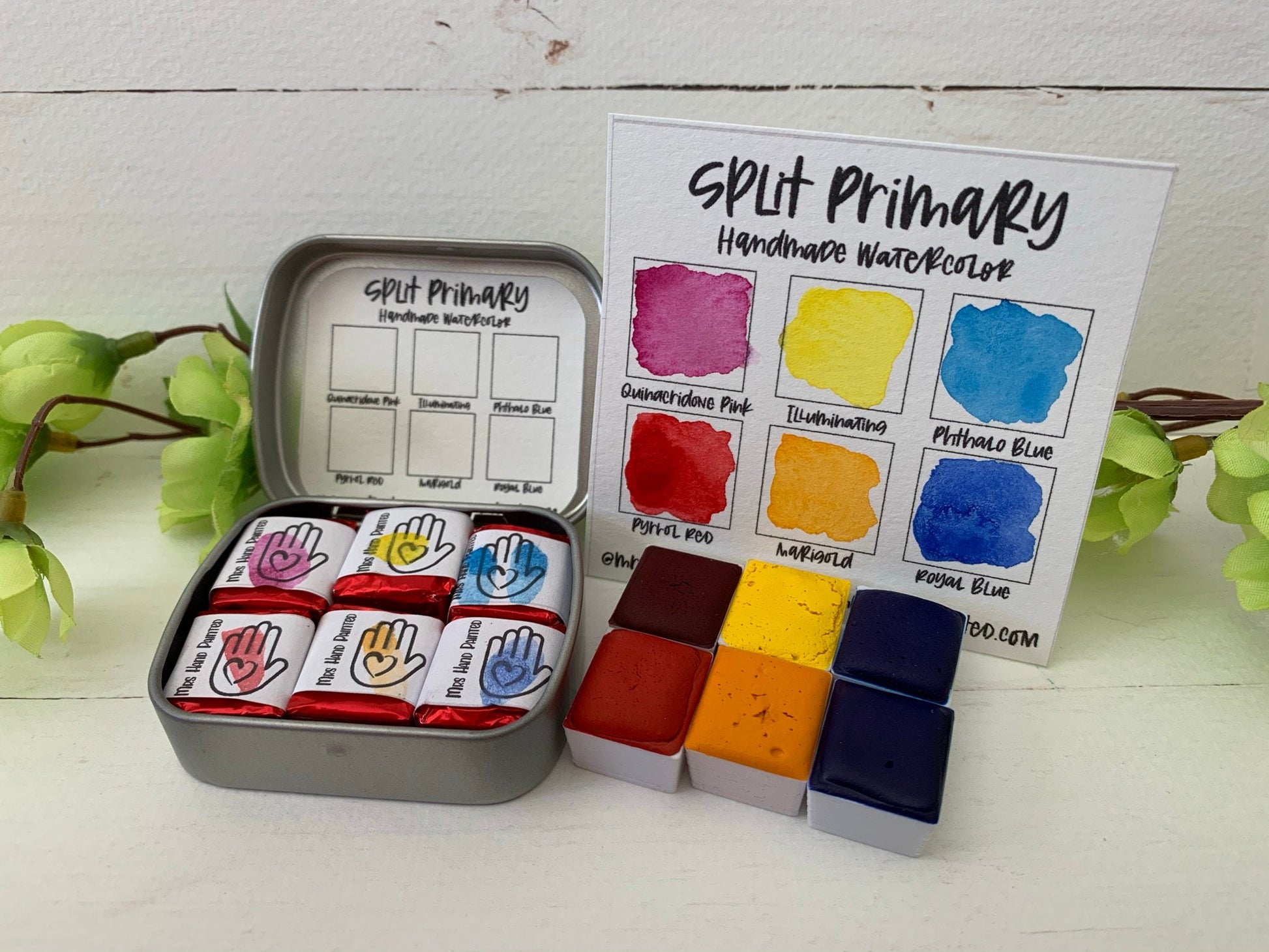 Handmade Watercolor Paints - SPLIT PRIMARY - Artisan Paint Palette, Set of 6 Matte Shades, Red, Yellow and Blue Mixing Palette Warm and Cool