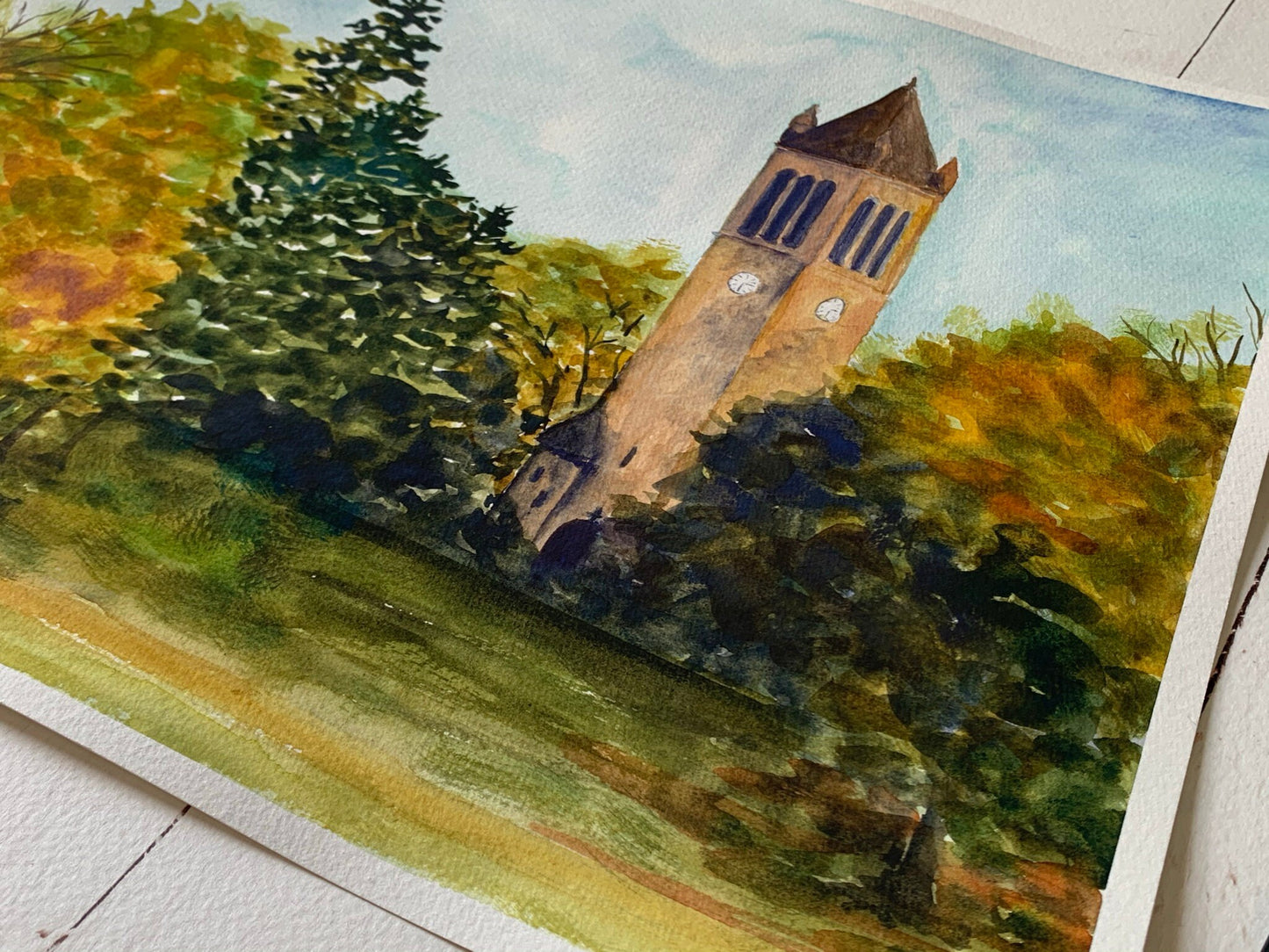 Original Watercolor Painting - Autumn at the Iowa State Campanile