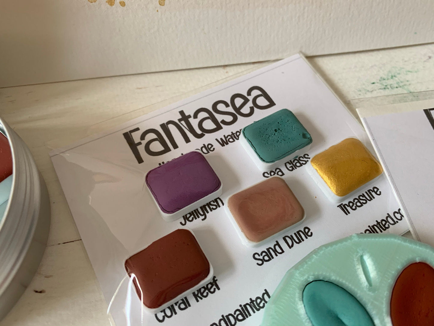 Handmade Watercolor Paints - FANTASEA - Artisan Paint Palette, Set of 5 Watercolors, 4 Matte, 1 Shimmer Color