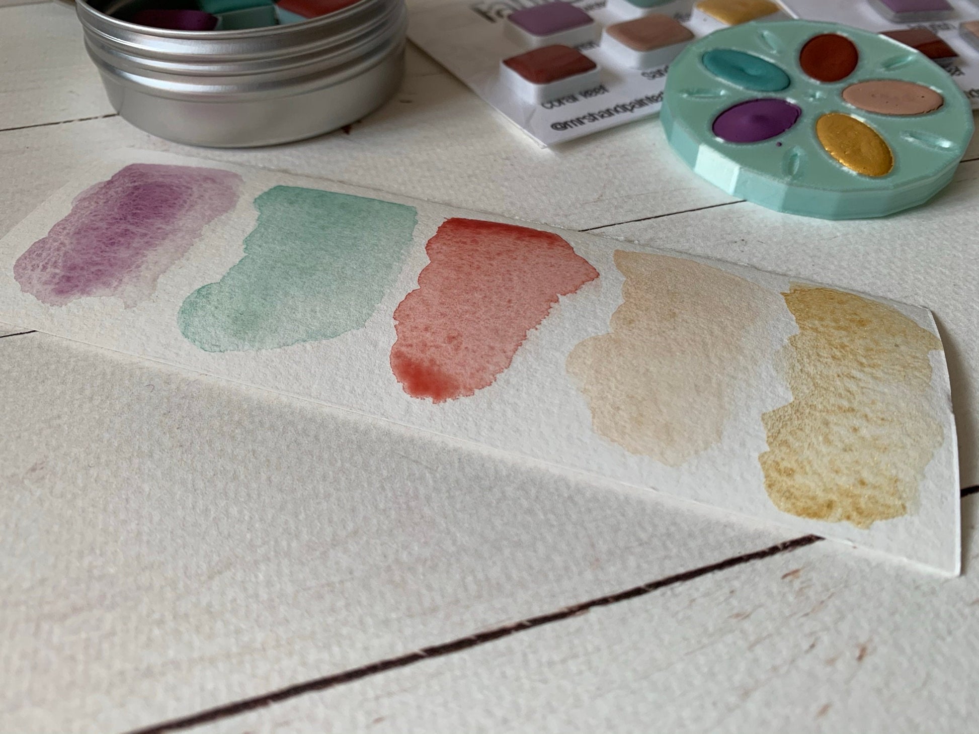 Handmade Watercolor Paints - FANTASEA - Artisan Paint Palette, Set of 5 Watercolors, 4 Matte, 1 Shimmer Color