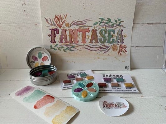 Handmade Watercolor Paints - FANTASEA - Artisan Paint Palette, Set of 5 Watercolors, 4 Matte, 1 Shimmer Color