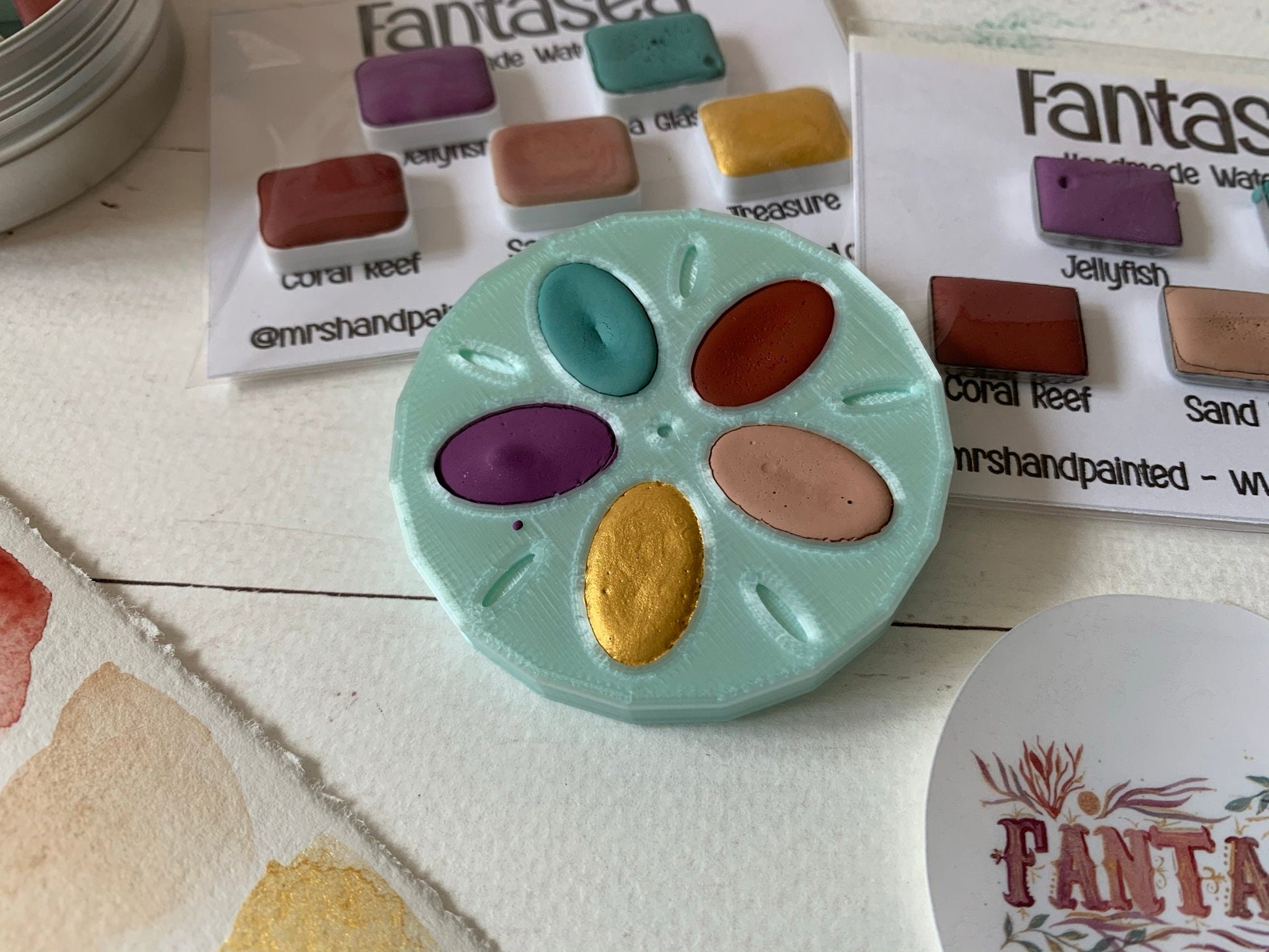 Handmade Watercolor Paints - FANTASEA - Artisan Paint Palette, Set of 5 Watercolors, 4 Matte, 1 Shimmer Color