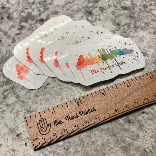 Watercolor Des Moines” Skyline Rainbow Splatter, Die Cut Laminated Vinyl Stickers, Water Resistant